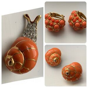 Jeweled Coral Snail Brooch & Earrings Set Vintage KJL 70s 80s
